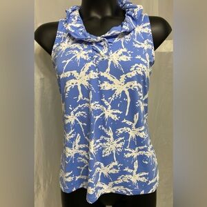 Lulu B Sleeveless Tropical Print Blue and White Ruffle Neckline Trim Top Size S